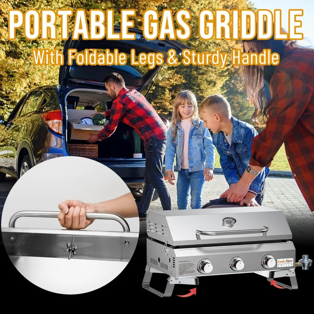 Flat Top Gas Griddle with Foldable Legs, 3-Burner Stainless Steel Propane Gas Grill Griddle, 24” Portable