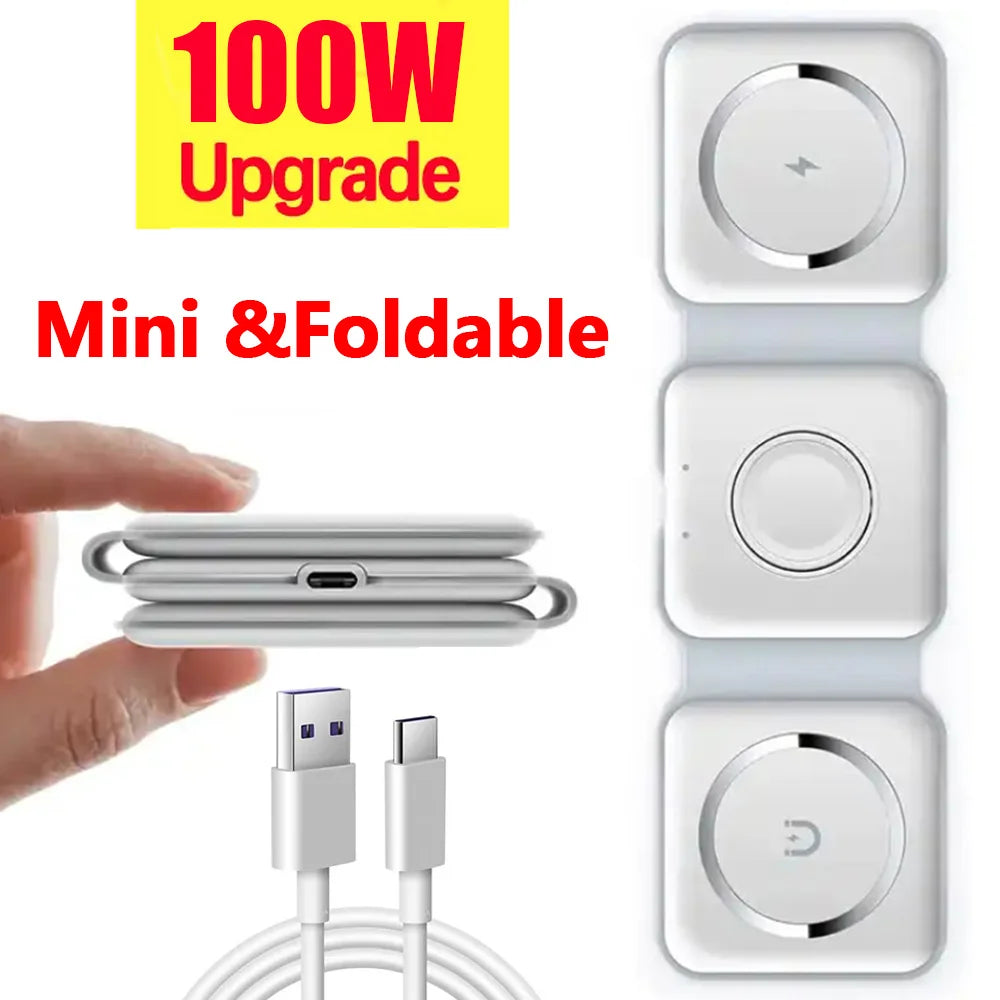 100W 3 in 1 Magnetic Wireless Charger Pad Stand for iPhone 15 14 13 12Pro Max Airpods iWatch Fast Wireless Charging Dock Station