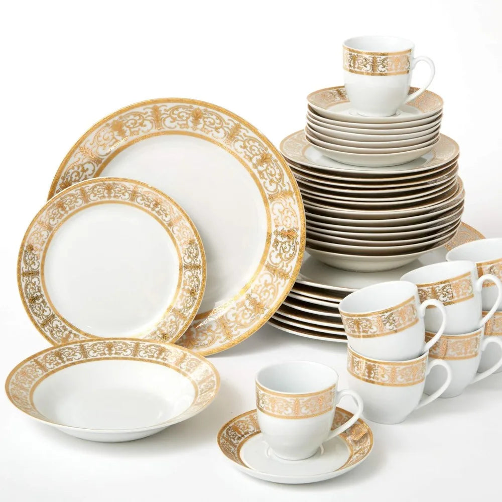 BrylaneHome Medici 40-Piece Premium Golden Porcelain Dinnerware Gold White Set (Service For 8) Includes Dinner Dessert Plates