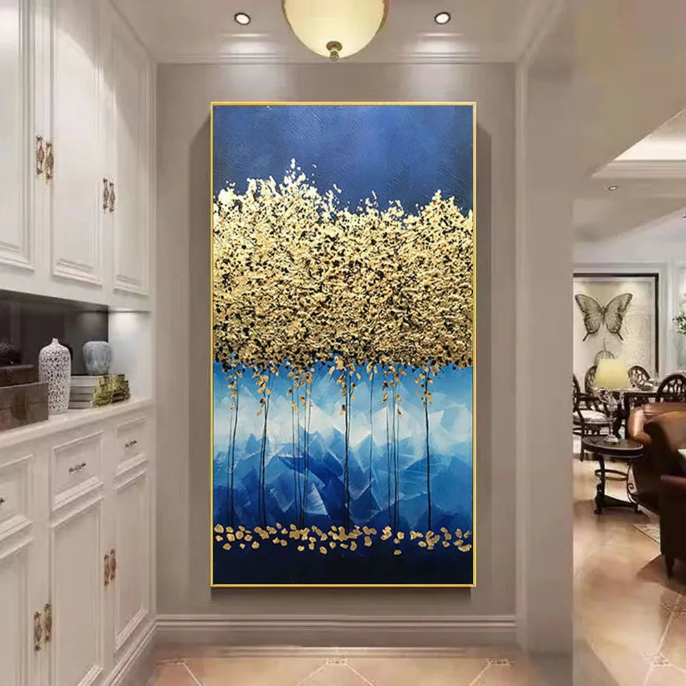 Hand-Painted Blue & Gold Abstract Landscape Canvas Art