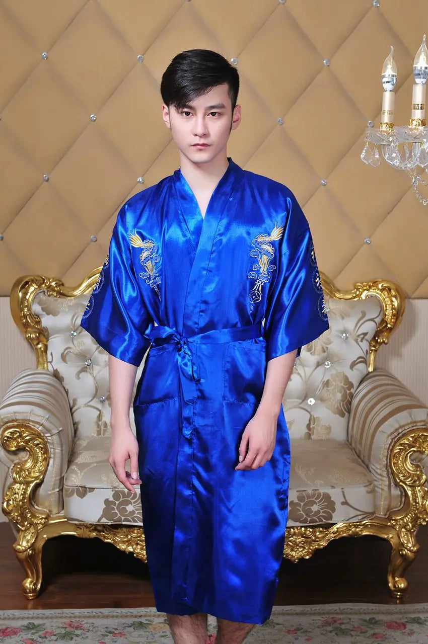 Chinese Style Robe Classical Embroider Dragon Kimono Man Homewear Long Bathrobe Satin Nightgown Loose Sleepwear Loungewear