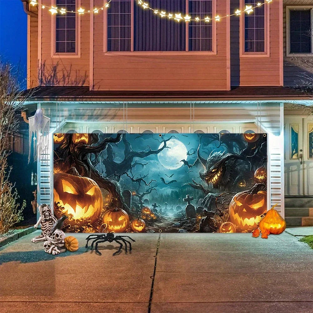 Halloween garage door banner decoration, misty forest pumpkin lantern scene