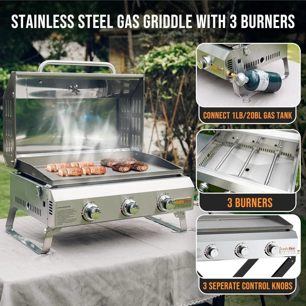 Flat Top Gas Griddle with Foldable Legs, 3-Burner Stainless Steel Propane Gas Grill Griddle, 24” Portable