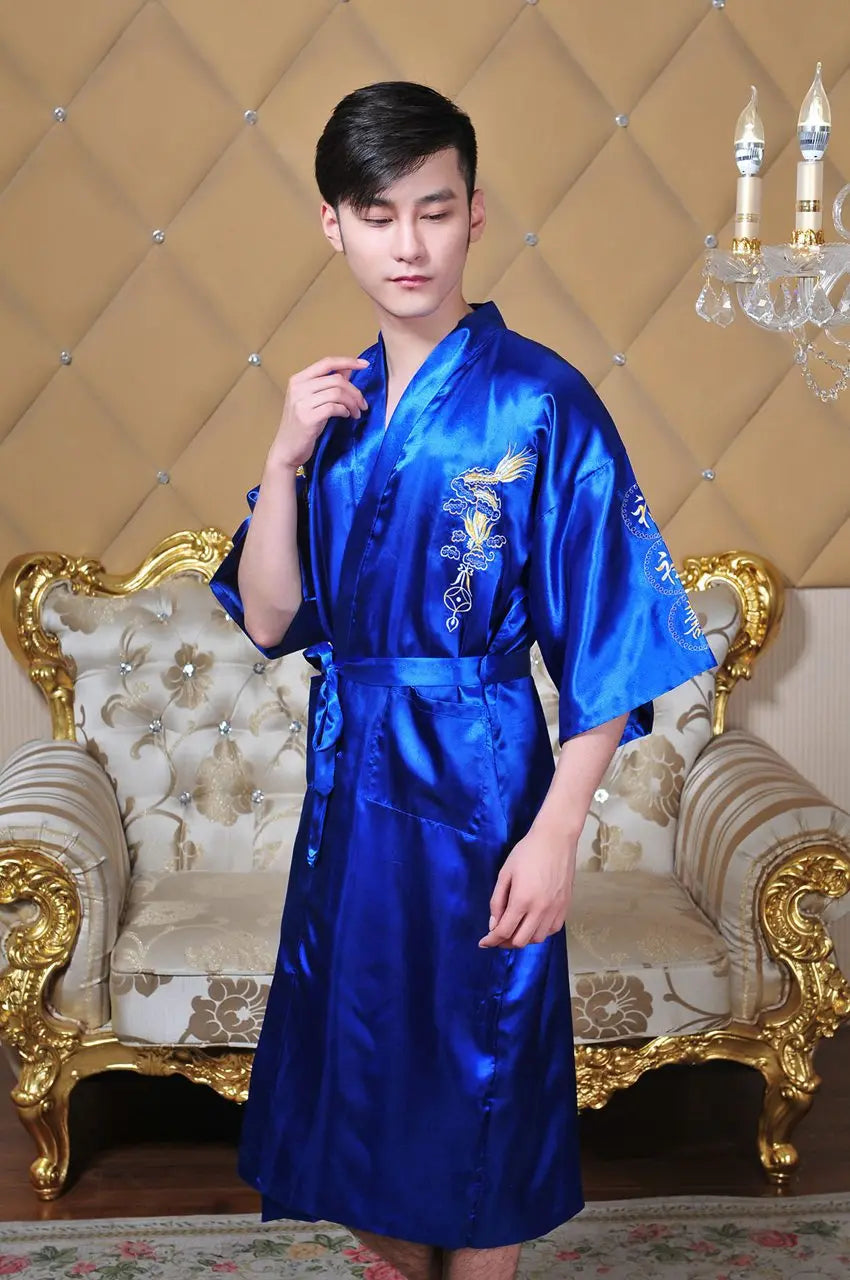 Chinese Style Robe Classical Embroider Dragon Kimono Man Homewear Long Bathrobe Satin Nightgown Loose Sleepwear Loungewear