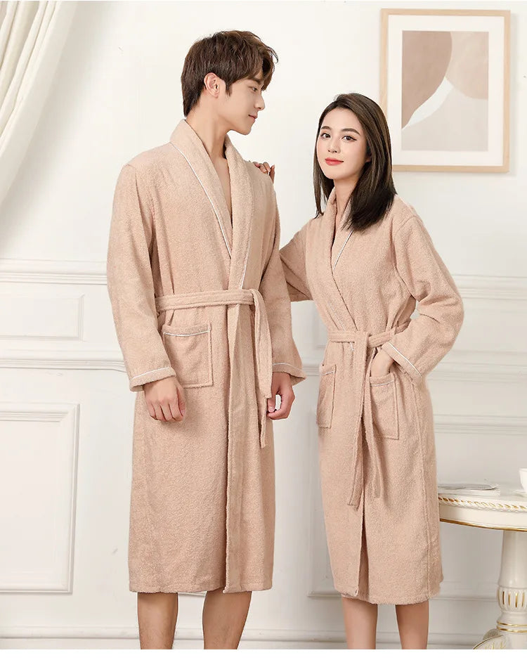 100% Cotton Couples Long Thick Absorbent Terry Bath Robe Kimono Men Light Weight Towel Bathrobe Sleepwear Women Hotel Gown Robes