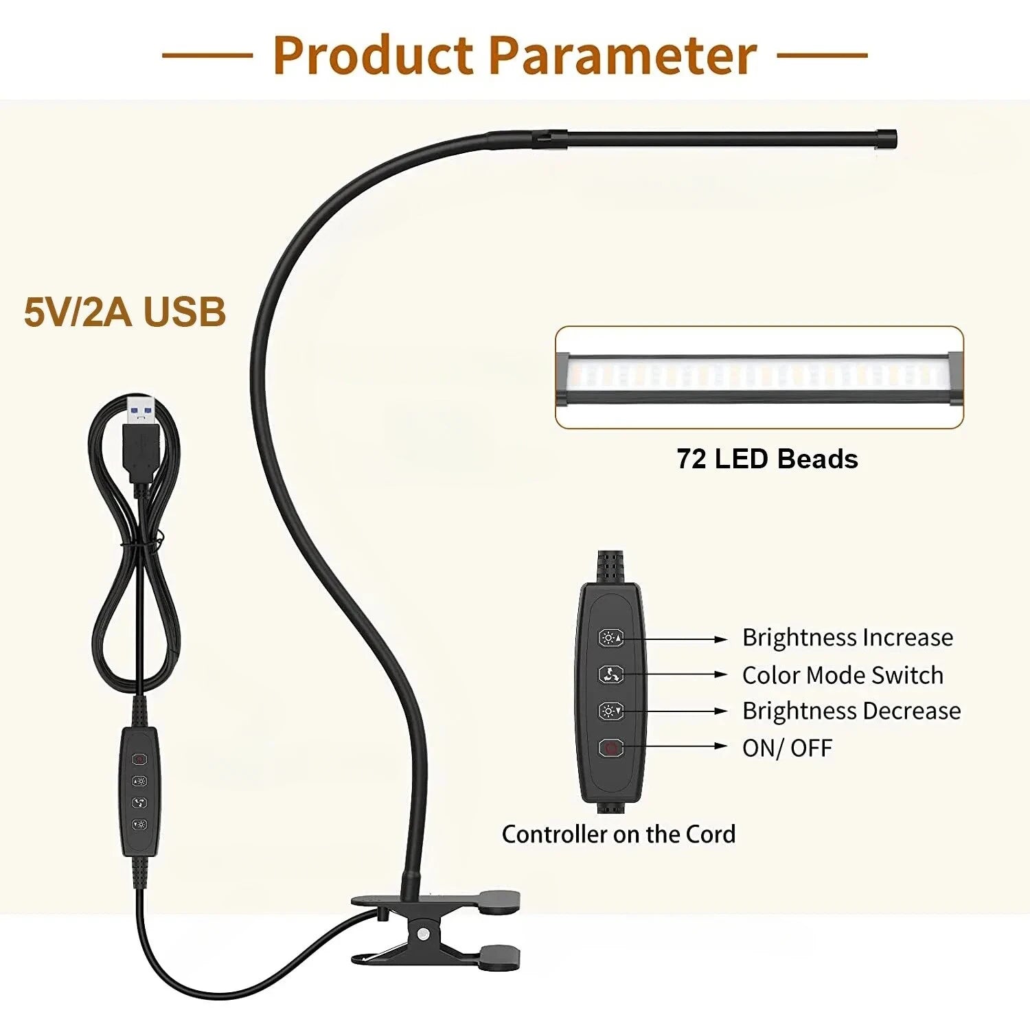 10W LED Desk Lamp with Clamp Dimmable Clip On Reading Light 10 Brightness Level 3 Lighting Modes Flexible Study Table Lamp USB