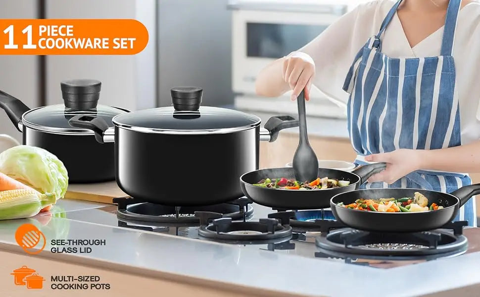 Kitchenware Pots & Pans Basic Kitchen Cookware, Black Non-Stick Coating Inside, Heat Resistant Lacquer (11-Piece Set), One Size