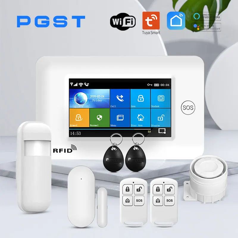 PGST 433MHz All Touch Screen Wireless WIFI GSM RFID Card Burglar Alarm System Smart Home Security DIY Alarm TUYA Smart Life