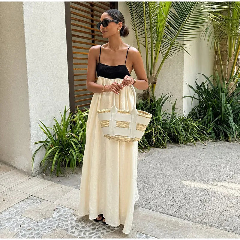 Contrast Splicing Loose Sling Long Dresses Women Square Collar Sleeveless Backless High Waist Dress 2024 Summer Lady Street Robe