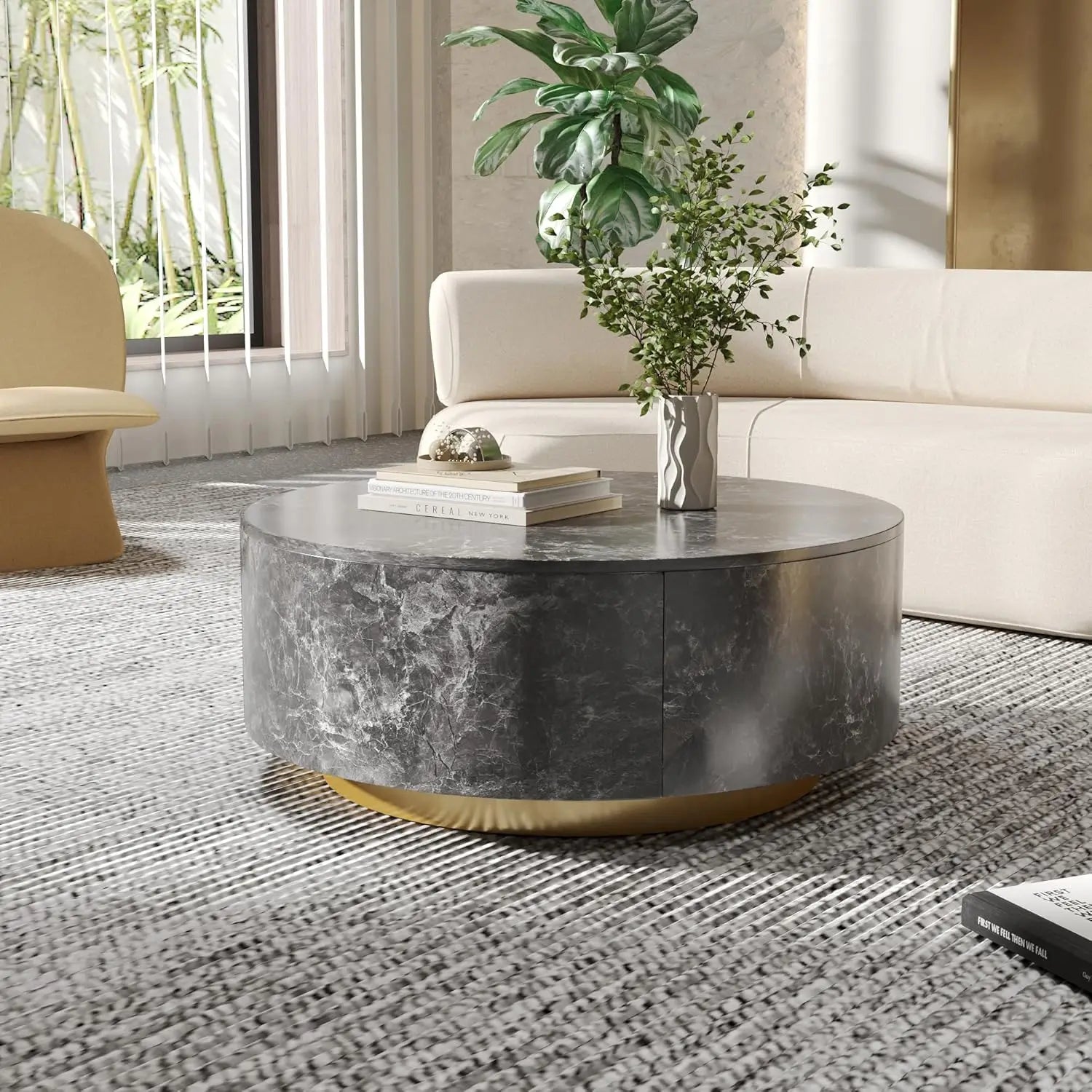 Modern Round Marble Coffee Table with Storage