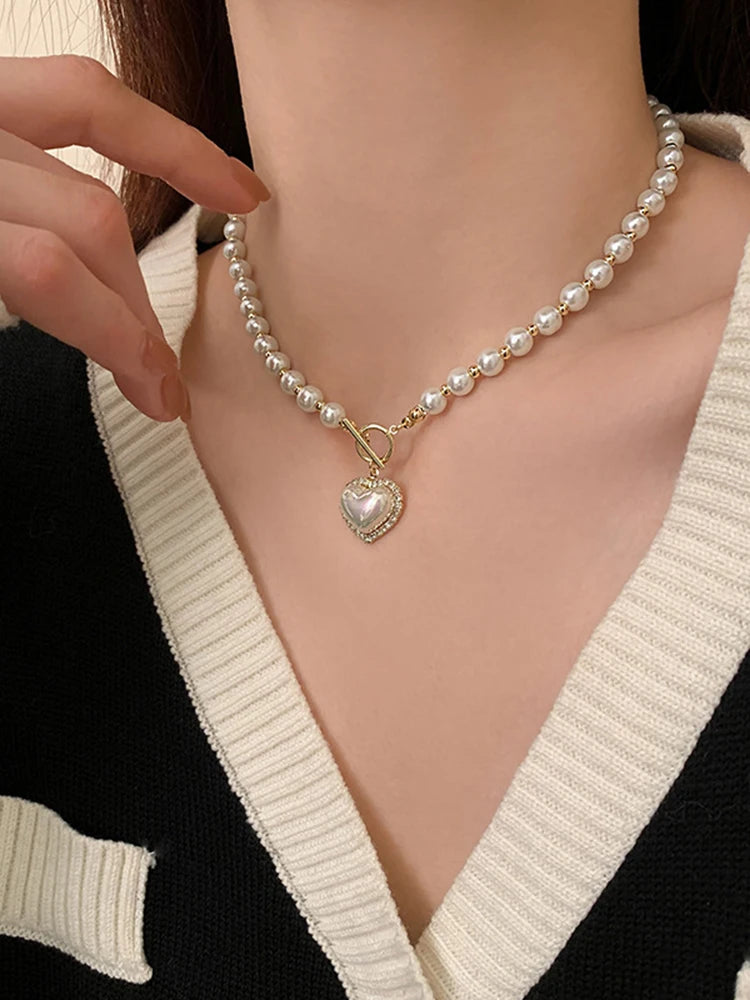 Elegant Pearl Necklace For Women Heart Pendant Necklaces Luxury Imitation Pearls Chain Necklaces Korean Jewelry Girls Gifts