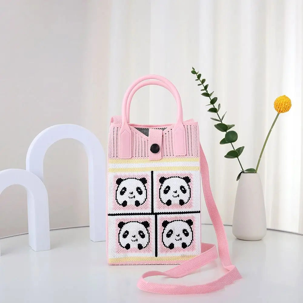 Easy To Carry Creative Mini Knit Handbag Cartoon Panda Huahua Knot Wrist Bag Reusable Large Capacity Hand Crocheted Bags Women