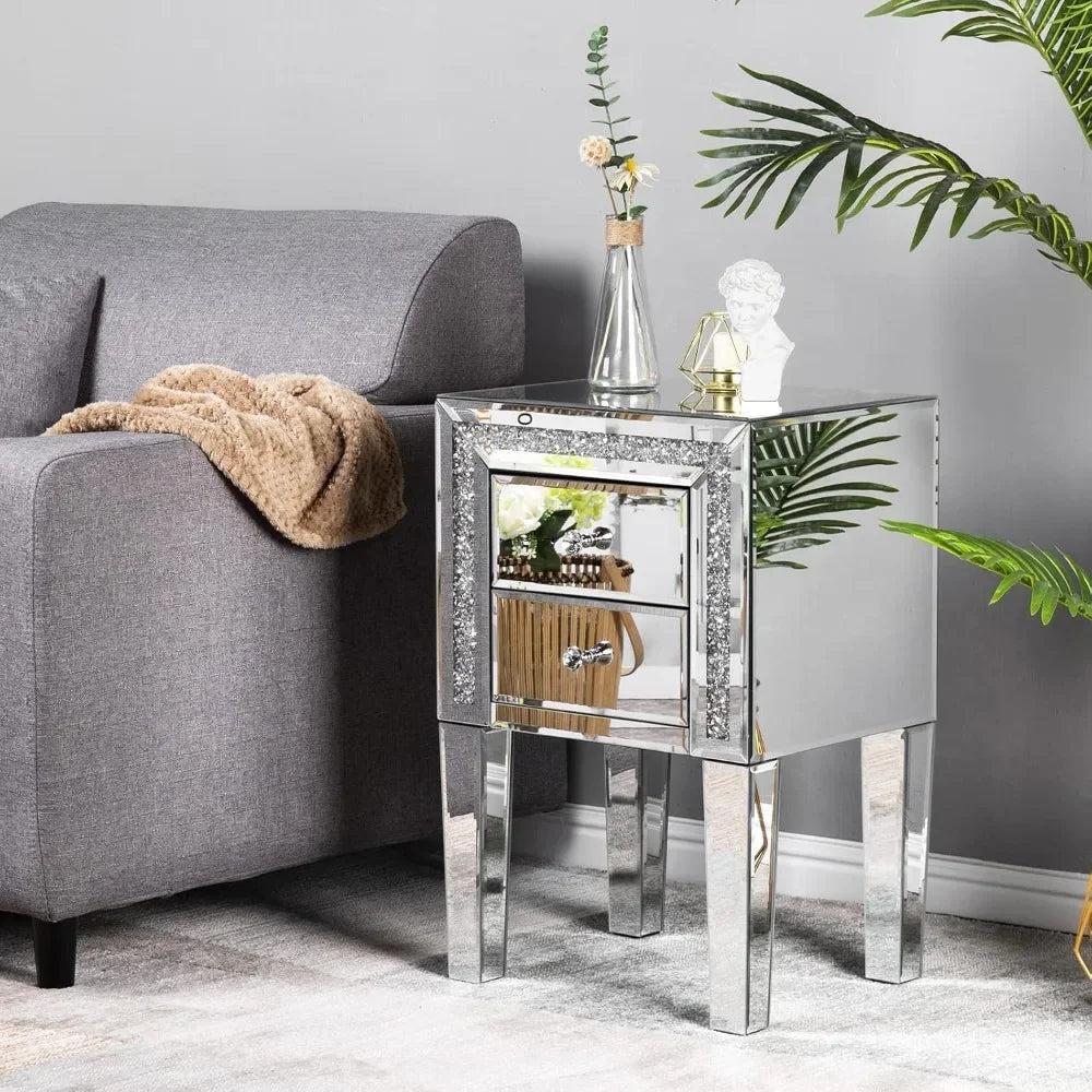 Mirrored Nightstand – Silver Glass End Table with Storage