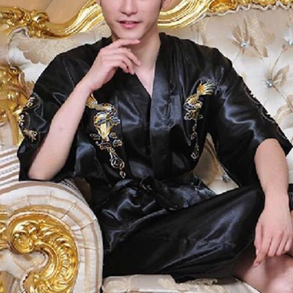 Satin Sleepwear Gown for Men, Chinese Dragon Design, Silk Kimono Bathrobe, M 2XL, Available in Multiple Colors