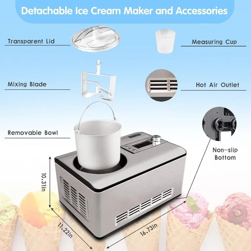 Home Kitchen Ice Cream Maker with Compressor, No Pre-Freezing, Stainless Steel Ice Cream Maker Machine with LCD Display, Timer