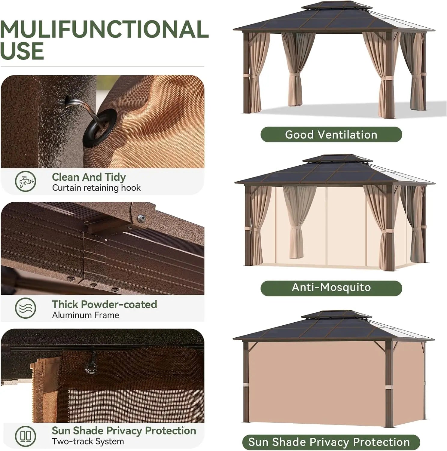 10'x12' Hardtop Gazebo, Aluminum Frame Permanent Pavilion with Curtains and Netting, Outdoor Polycarbonate Gazebo