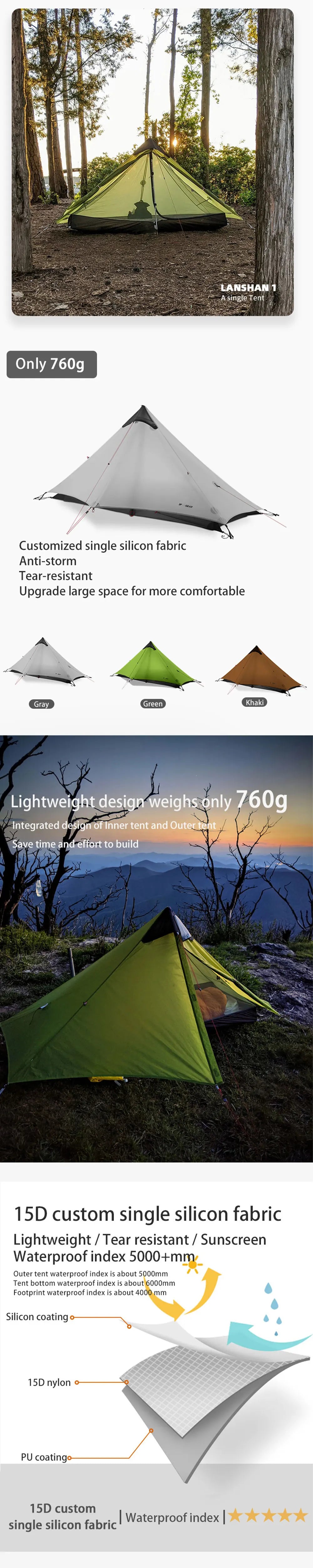 Lanshan-Silnylon Rodless Tent, 230cm, 3F UL GEAR, 1 Ultralight Camping, 3/4 Season, 15D, New Version, 2023