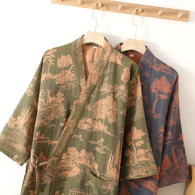 Blue Green Colors Printed Robe for Men Cotton Kimono Men Bathrobe for Spring and Summer Autumn Cotton Long Style Men Kimono Robe