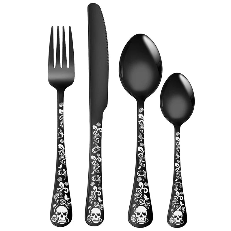 Stainless Steel Halloween Flatware Set Stainless Steel Skull Pattern Eating Utensils 4pcs Portable Kitchen Forks And Spoons