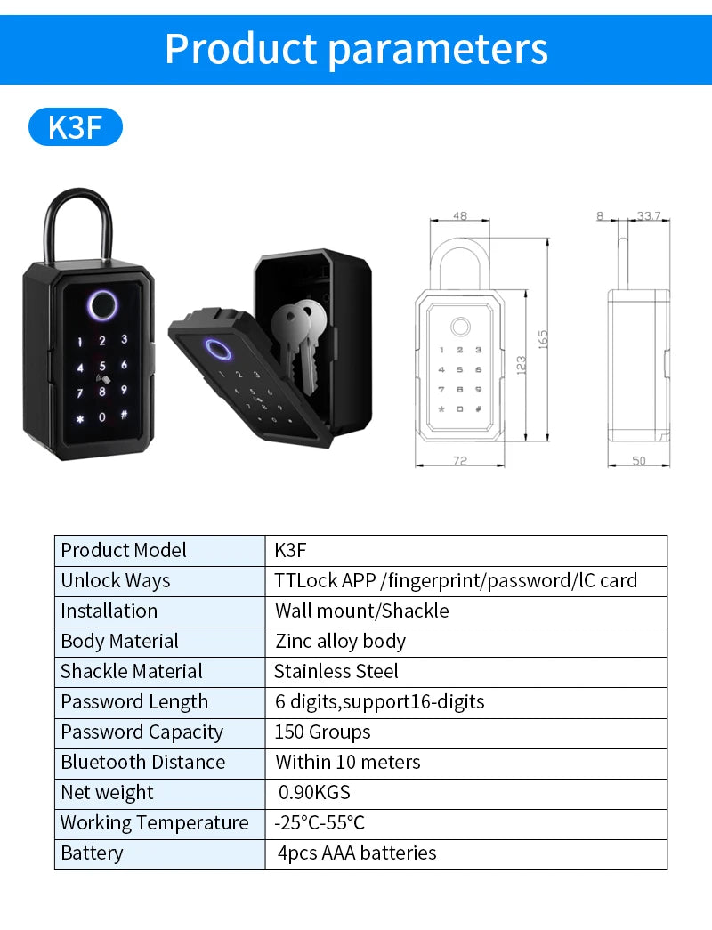 Tuya Smart Life App or TTLock APP Outdoor Waterproof Key Safe Box Security Fingerprint Password Storage Lock Key Box Anti-theft