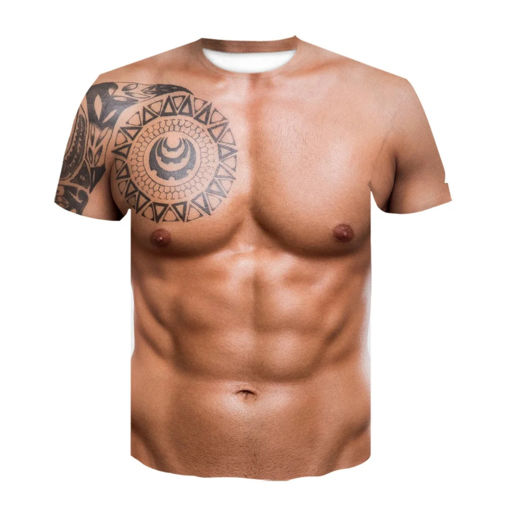 Men's 6-pack Abdominal Muscle T-shirt 3D Printed Short Sleeved Fitness Running Sports Casual Loose Short Sleeved Comfortable