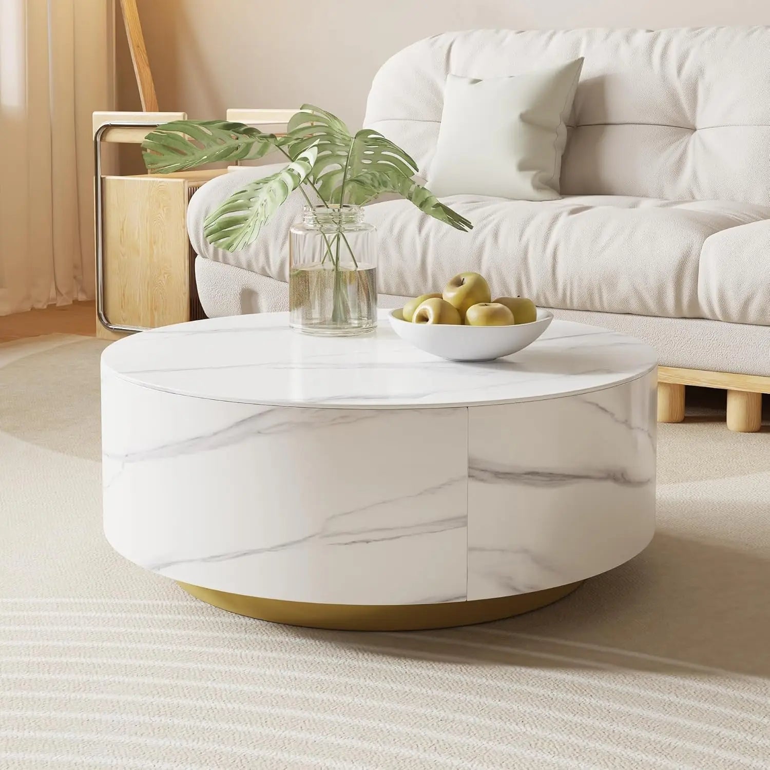 Modern Round Marble Coffee Table with Storage