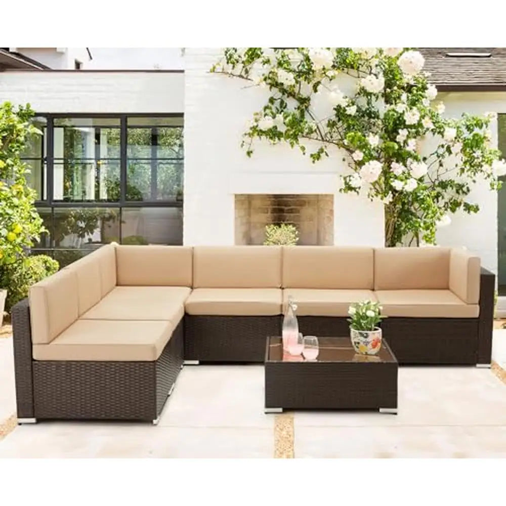 Outdoor Patio Furniture Set 7 Piece PE Rattan Wicker Sofa Sectional Chair with Cushions and Tea Table UV-Protected Waterproof