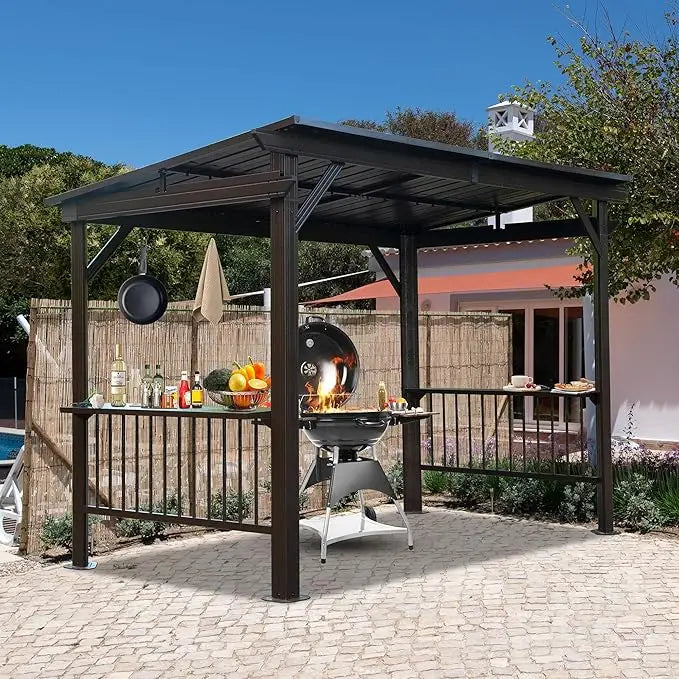 Hardtop Outdoor Grill Shelter with Ventilated Roof, Storage Cabinets, and Adjustable Hooks