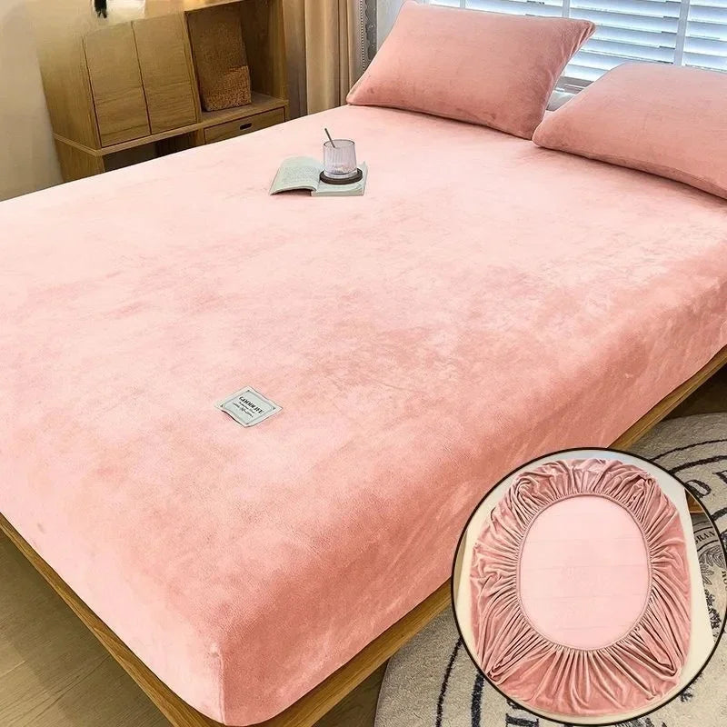 1PC Soft Warm Plush Fitted Sheet Elastic Mattress Cover Fluffy Coral Fleece Bed Linen Winter Couple Luxury Double Bed Bedding