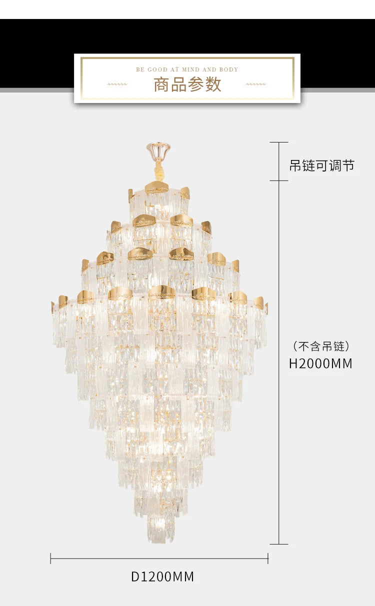 French duplex building chandelier luxury villa building middle floor empty and high light luxury crystal hall living room main