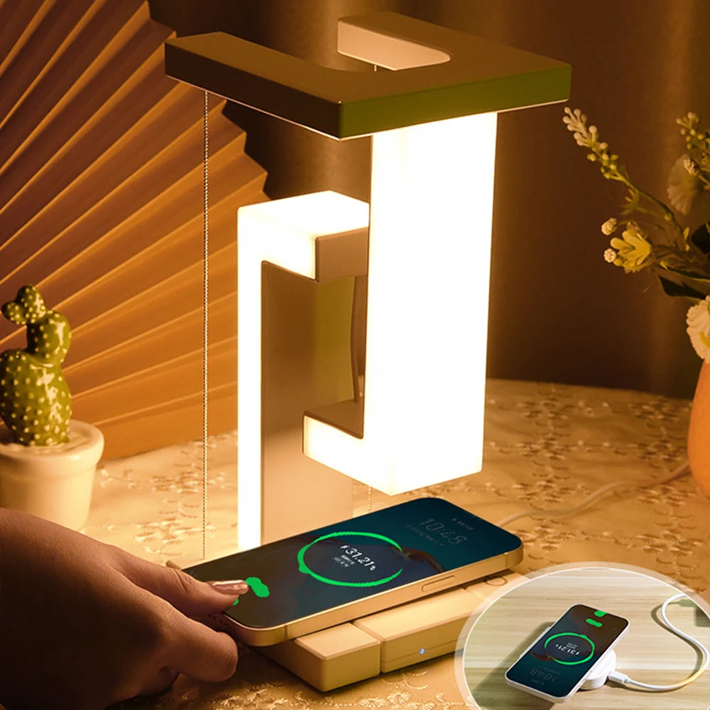 LED Night Lamp Creativity Physics Balance Suspension Table Desk Lamp Wireless Charger Decoration Home Bedroom Room Decor Light