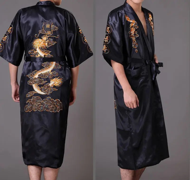 Chinese Style Robe Classical Embroider Dragon Kimono Man Homewear Long Bathrobe Satin Nightgown Loose Sleepwear Loungewear