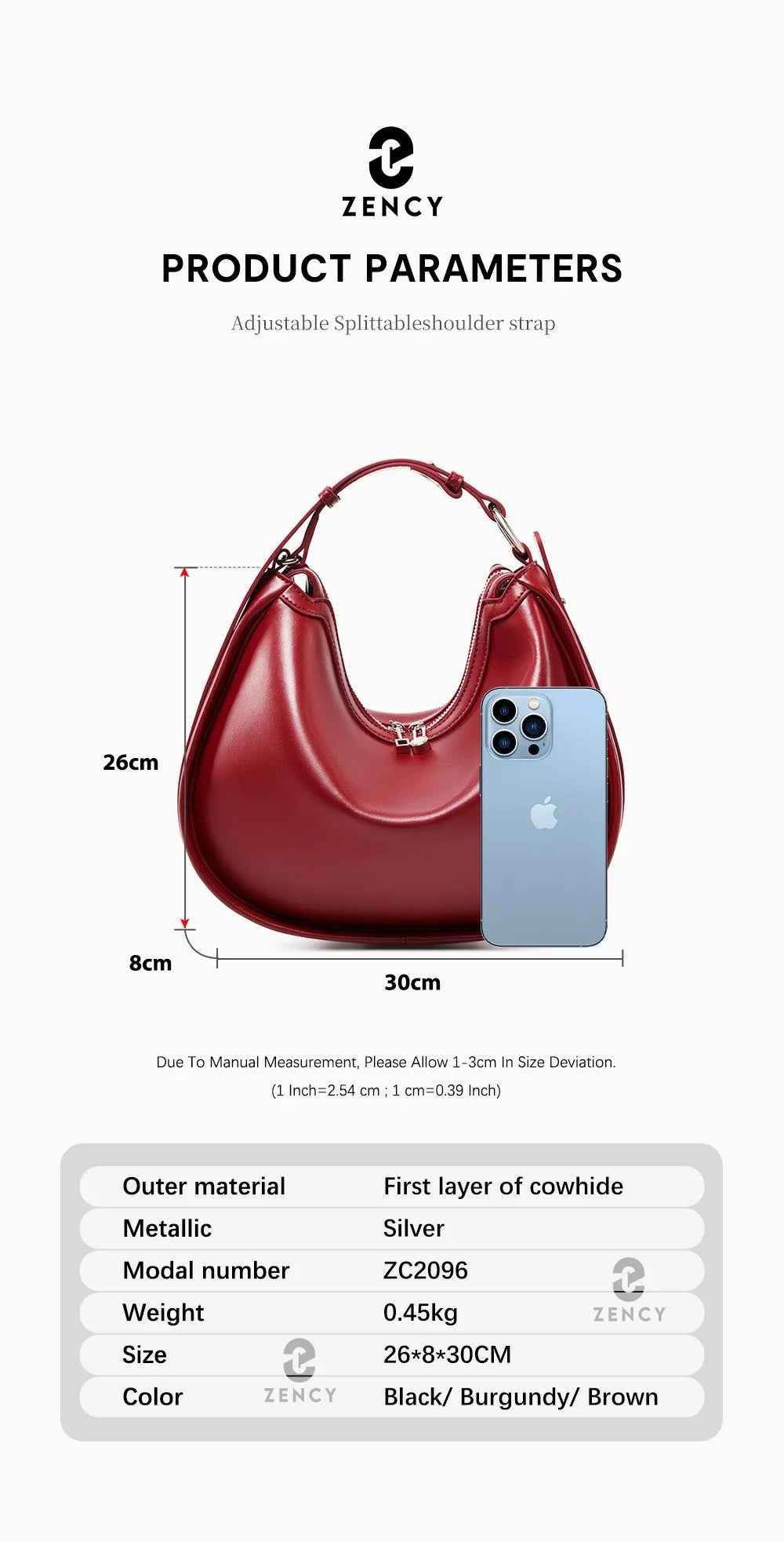 Zency 2024 Designer Bags Hobo Bag For Women Underarm Genuine Leather Shoulder Crossbody Bag High Quality Handbag Birthday Gift