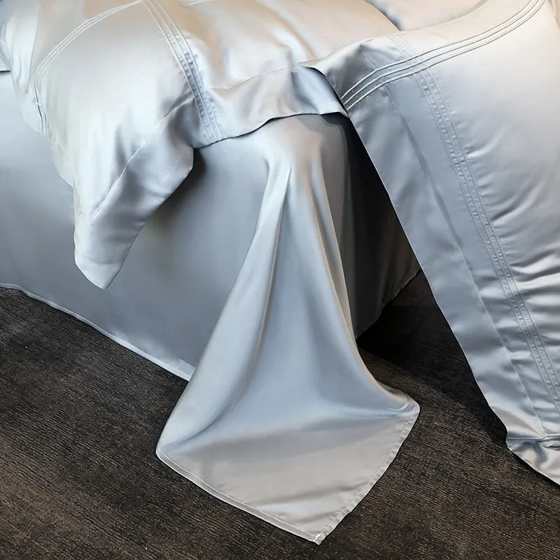 Solid Grey Linens Frame Duvet Cover with Zipper Ties 4Pcs 600TC Eucalyptus Lyocell Soft Cooling Quilt cover Bed Sheet Pillowcase