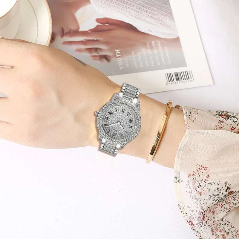 Diamond Women's Watch Set Hip Hop Bracelet & Quartz Wristwatch