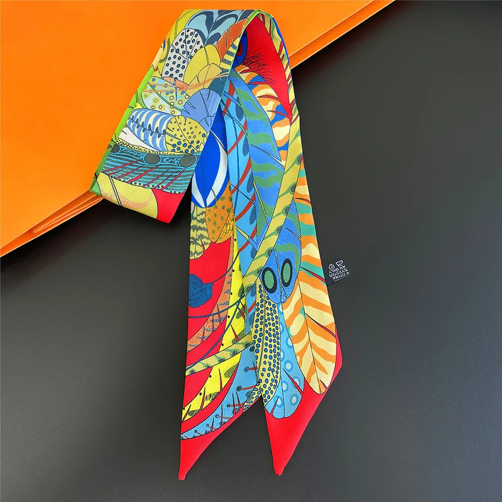 Fashion Skinny Small Silk Scarf Women Luxury Feather Print Headband Women's Bags Accessories Long Striped Neck Scarf Shawl