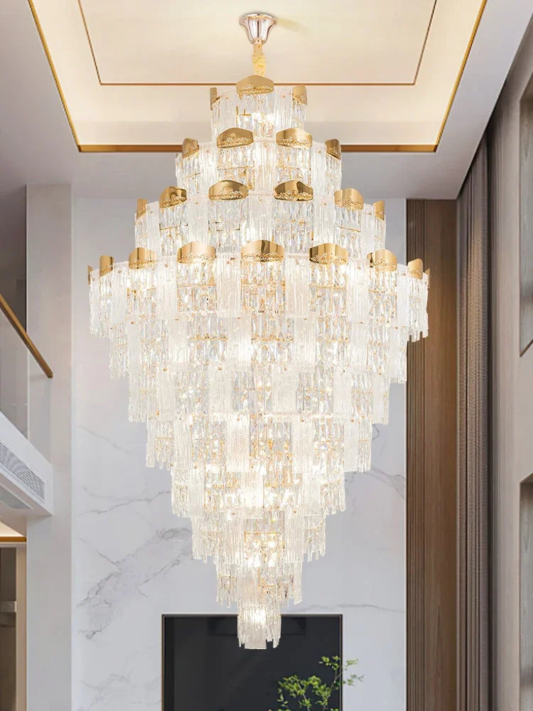 French duplex building chandelier luxury villa building middle floor empty and high light luxury crystal hall living room main