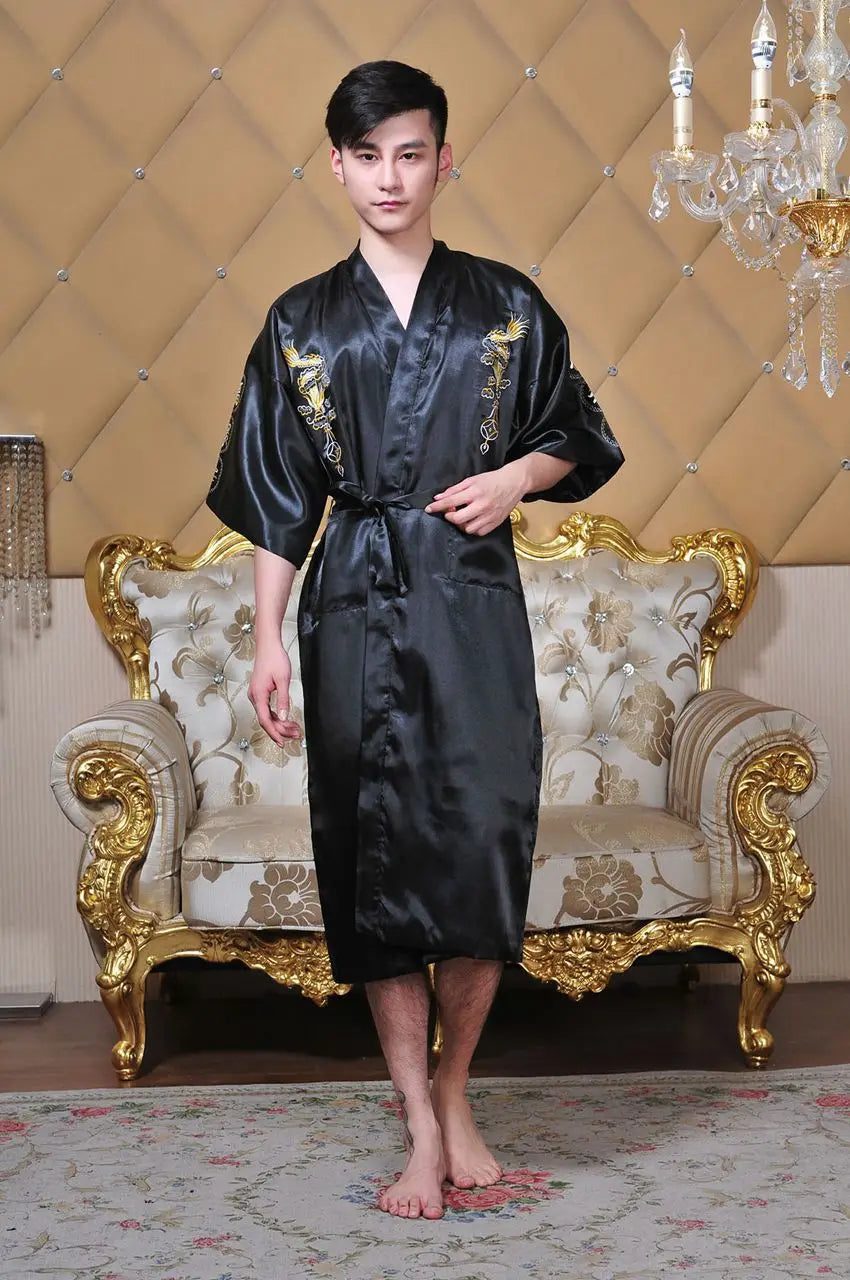 Chinese Style Robe Classical Embroider Dragon Kimono Man Homewear Long Bathrobe Satin Nightgown Loose Sleepwear Loungewear