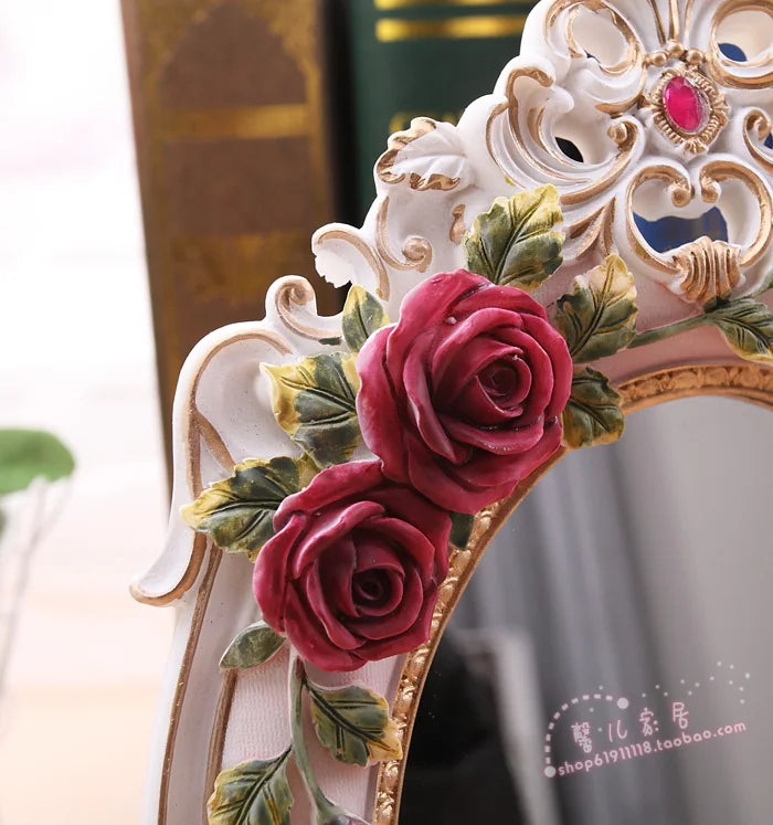 1pc Makeup Mirror Desktop Standing Red Rose European Style Luxurious Mirror for Wedding Gift Home Decorator Large Desk Mirror