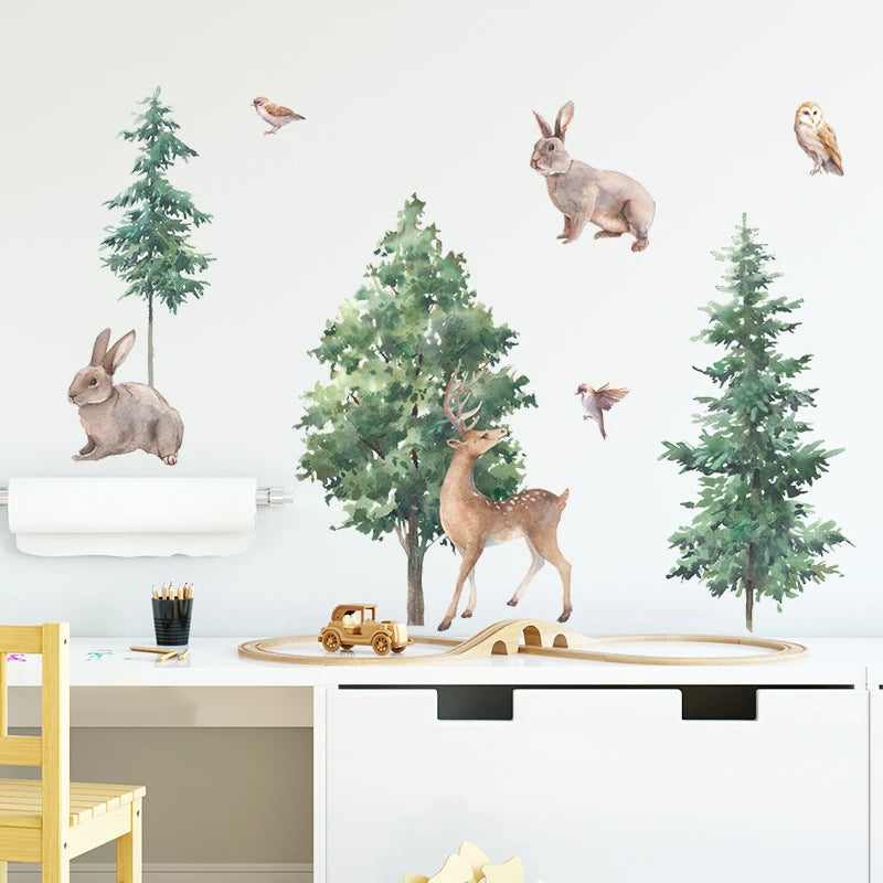 Cartoon Forest Deer Bunny Bird Wall Stickers for Kids Room Bedroom Wall Decor Home Decoration Vinyl Nordic Animals Trees Decals