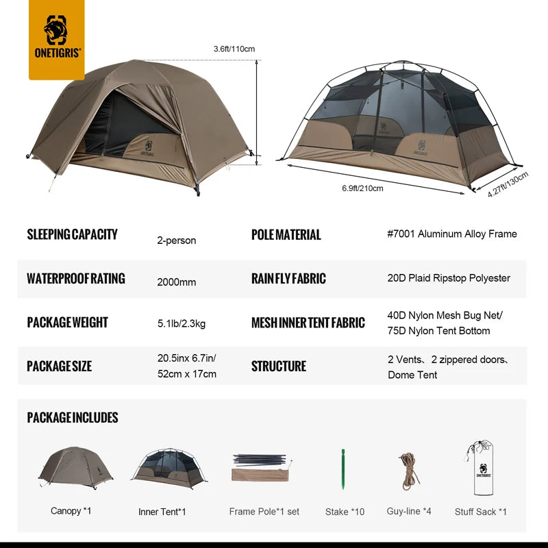 OneTigris COSMITTO 2.0 Backpacking Tent 3-Season Easy Setup Instant 2 Person Camping Tent For Hiking Trekking Fishing