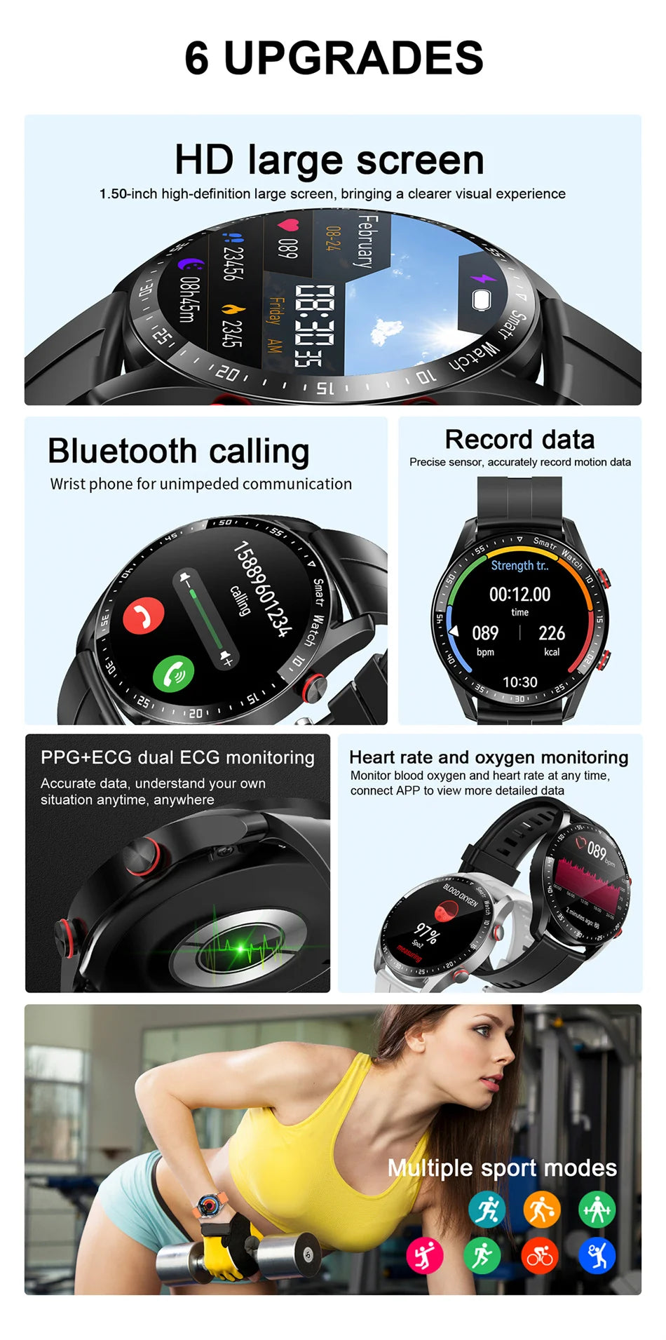 For Huawei 1.5 inch Smart Watch Men Bluetooth Call Heart Rate ECG Health Fitness Sports Watch Waterproof Business Man Smartwatch