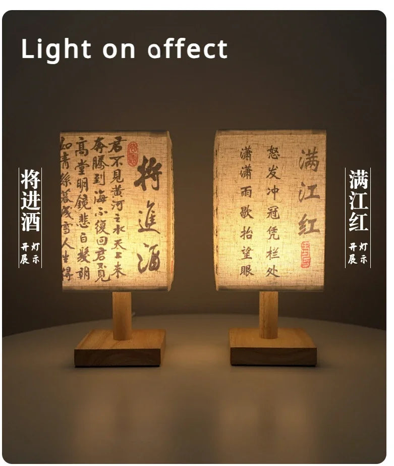 Retro Wood Desk Lamp Chinese Style Night Light Table Calligraphy Traditional Painting Decoration Bedroom Bedside Office Study