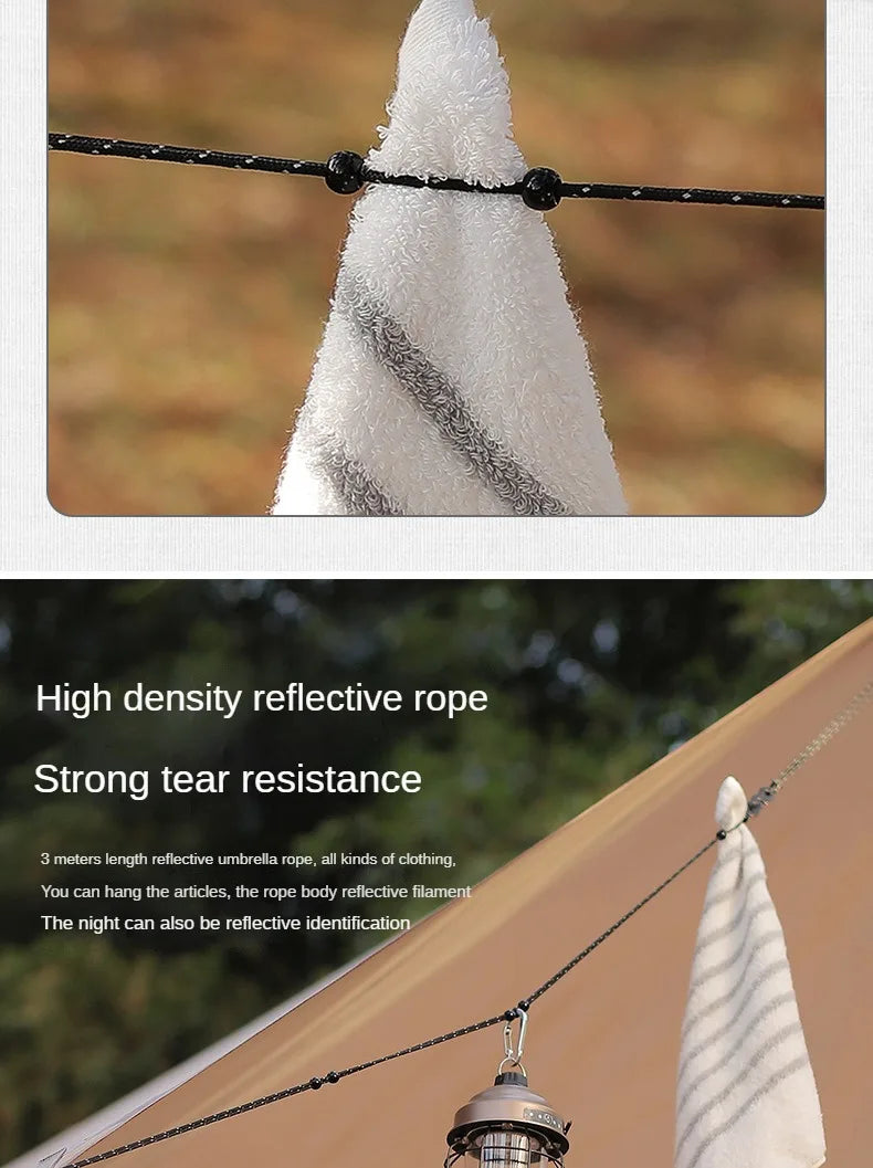 ISE MOUNT outdoor beads clothesline 3 meters  hanger reflective windproof adjustable portable storage rope camping equipment