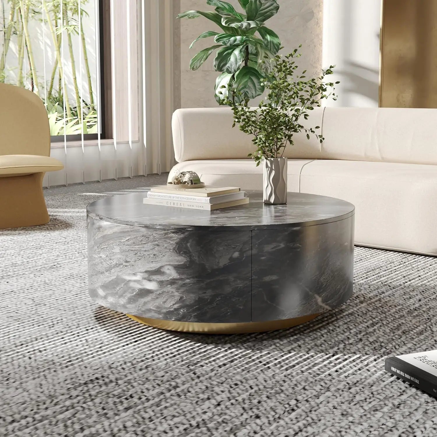 Modern Round Marble Coffee Table with Storage