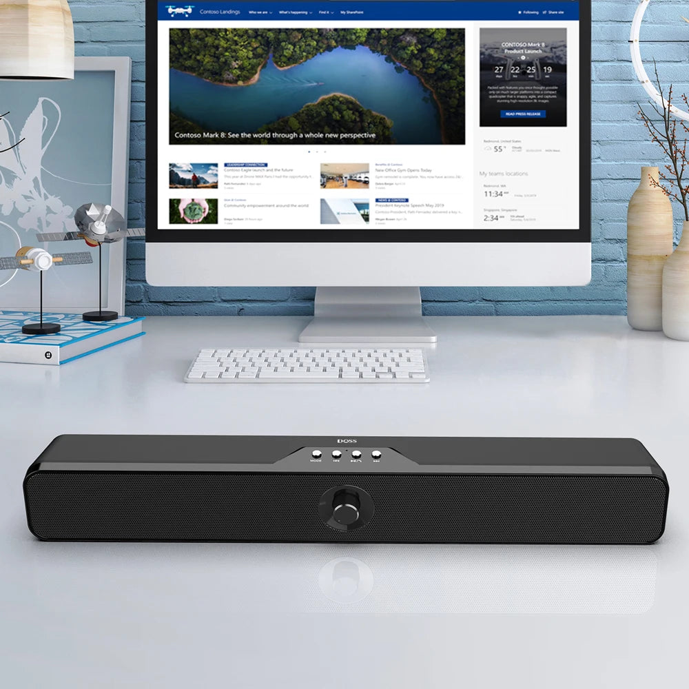 DOSS Computer Speaker Bluetooth Sound Bar 16W Stereo Bass Sound Music Box 20 Hours Playtime SoundBar for Laptop PC Smart Phone