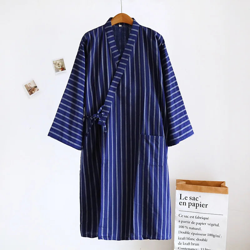 Japanese Double-layer Cotton Striped Design Men's Kimono Lace Up Bathrobes for Spring and Autumn Thin Home Wear Men's Robe