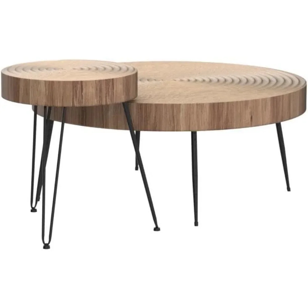 Farmhouse Round Coffee Table Set of 2, Cocktail Table Set, Modern Circle Natural Wood Finsh Side and End Table Sets