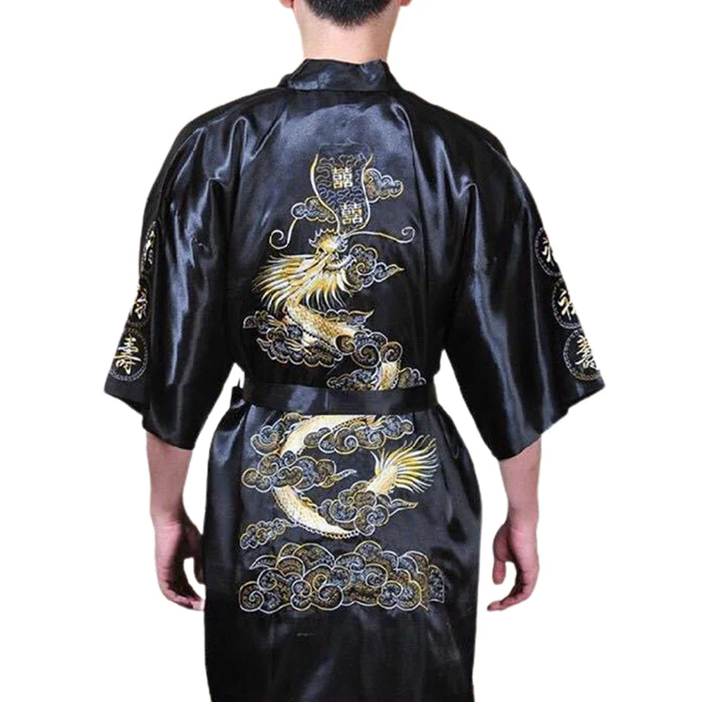 Silk Kimono Bathrobe, Chinese Dragon Design, Men's Sleepwear Gown, Satin Fabric, Navy Blue/Red/White/Black/Blue