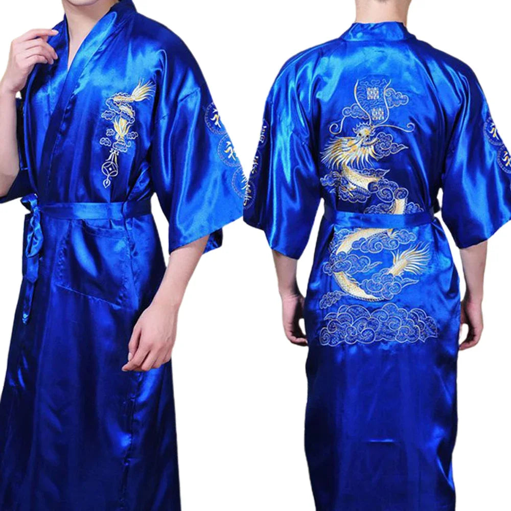 Silk Kimono Bathrobe, Chinese Dragon Design, Men's Sleepwear Gown, Satin Fabric, Navy Blue/Red/White/Black/Blue